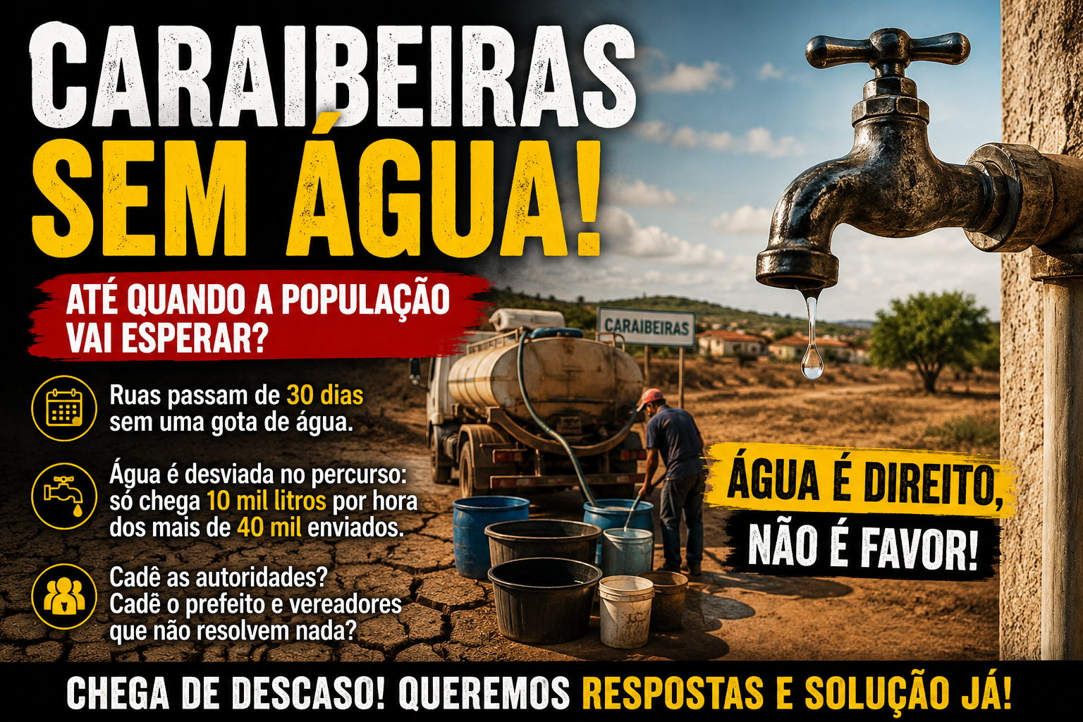 Caraibeiras está sem água: onde está o problema e quem vai responder?